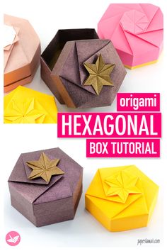 an origami hexagonal box is shown in three different colors and sizes