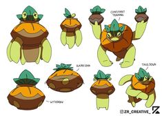 some drawings of different types of turtles with leaves on their heads and hands in the shape of pumpkins