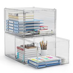 two clear acrylic boxes filled with files and folders on top of each other