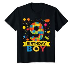 a black birthday shirt with the number nine on it's chest and colorful blocks