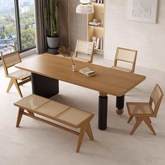 a dining table with chairs and a bench in front of a large window overlooking the city