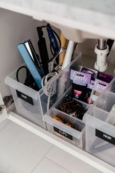 the drawers are filled with various beauty products