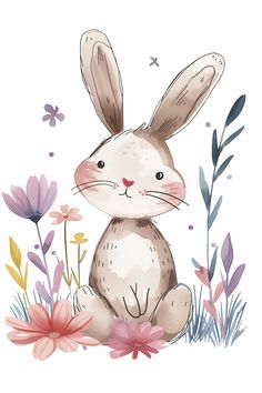 a watercolor drawing of a rabbit sitting in the grass with flowers and butterflies around it