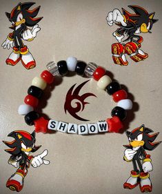 Credits to @thepoke_n3rd for making it <3 #kandi #bracelet #sonic #shadow #shadowthehedgehog How To Make Kandi Bracelets, Scene Bracelets Ideas, Kandi Bracelets Anime, Kandi Ideas Words, Pokemon Kandi Bracelet, Shadow The Hedgehog Necklace, Kandi Bracelets Ideas