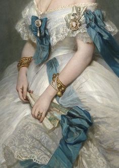 a painting of a woman in a white dress with blue ribbon around her neck and gold jewelry on her left arm