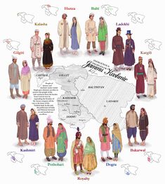 an illustrated map of india with people in different ethnic dress and country names on it