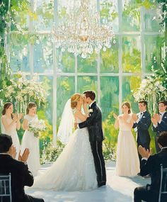 a painting of a bride and groom kissing in front of a wedding party with chandelier