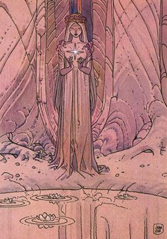 a drawing of a woman standing in the middle of a forest with an angel above her head