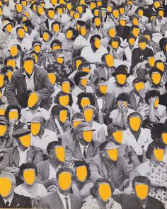 a large group of people with yellow masks on their faces