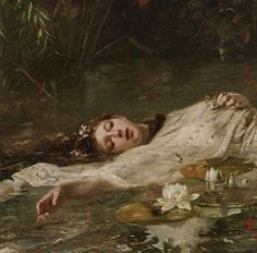 a painting of a woman laying in the water with lily pads on her stomach and head