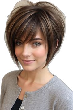 Short A Line Hairstyles, Short Bobbed Hair, Bob Stacked Haircut, Short Angled Bob Haircut With Bangs, Short Layered Bob With Bangs Fine Hair, Stacked Bob With Side Bangs, Short Hair With Chunky Highlights, Short Hair Color 2024 Trends Women, Inverted Stacked Bob Hairstyles