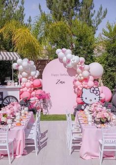 a hello kitty themed birthday party with pink and white balloons, table settings and decorations