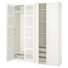 an open closet with white doors and shelves on both sides, showing the bottom section