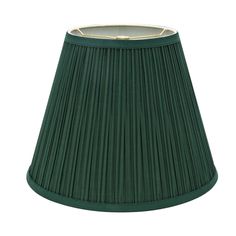 green pleated lamp shade with gold trimmings on the top and bottom side