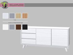 the sideboard is white and has many different color options on it, including black, brown