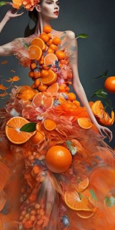 a woman with oranges on her body and flowers in her hair is surrounded by fruit