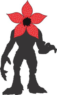 the silhouette of a monster with a large flower on its head and arms, standing in front of a white background