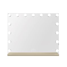 a large mirror with lights on it and a wooden shelf below the mirror is an empty sheet of paper