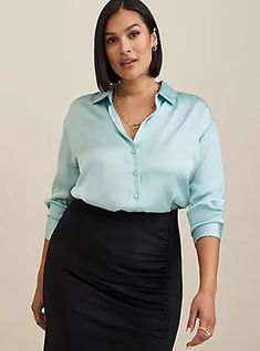 Satin Button Up Long Sleeve Shirt, CANAL BLUE Satin Shirt Plus Size, Professional Blouses, Satin Button Up, Active Outfits, Satin Blouses, Button Up Long Sleeve, Career Wear, Ruffled Sleeve Top, Short Sleeve Cropped Top