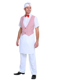 a man dressed in an apron and bow tie