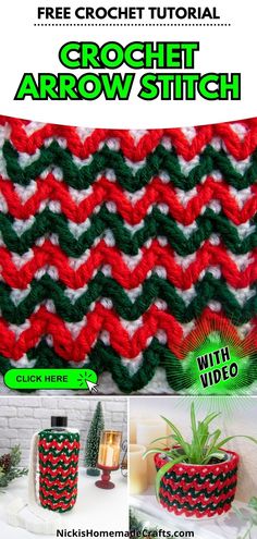 the crochet arrow stitch pattern is shown in red, green and white