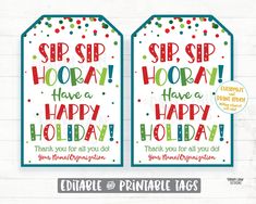 two holiday gift tags with the words happy holidays on them and confetti sprinkles