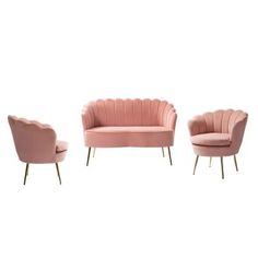 three pink chairs and one chair with gold legs, all in different shapes and sizes