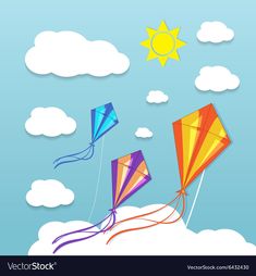 three kites flying in the sky with clouds and sun behind them, on a sunny day