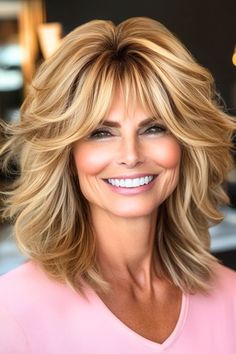 Save this pin for the best layered hairstyles for women over 50. This tousled shag practically begs to be shown off - it’s relaxed, textured, and just a little rebellious with its piecey texture. The layers create volume and movement, giving your hair that tousled, feathered, shaggy look. Feathered Hair With Bangs, Medium Length Hair For Older Women Over 50 Layered Haircuts, Feathered Hairstyles Medium Over 50, Shag Hairstyles Medium Over 50, Feathered Hairstyles Medium, Feathered Layered Hairstyles, Choppy Layered Haircuts, Feathered Layers, Shoulder Length Layered