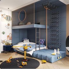 a child's bedroom with bunk beds and toys