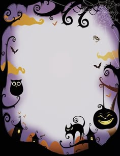 a halloween frame with pumpkins, bats and owls in the background is an empty space for text