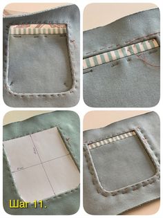 four pictures showing how to sew a pocket for a pillow or cushion with piping