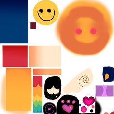 an abstract background with colorful shapes and smiley faces on the left side, in shades of red, orange, yellow, blue, and pink