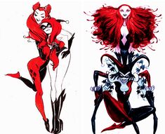 two drawings of women dressed in red and black, one with catwomans on her body