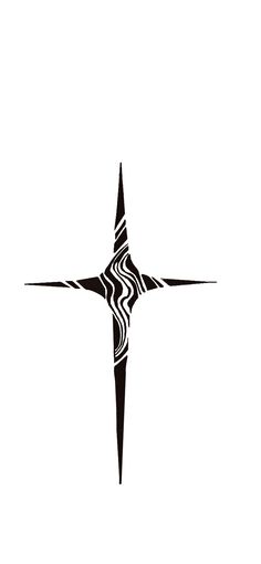 a black and white image of a cross with swirls on the side, in an abstract manner