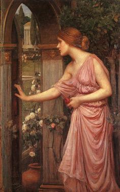 a painting of a woman in a pink dress standing next to a fence with flowers on it