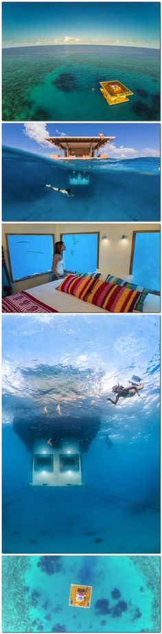 four different views of an underwater bedroom and the bed in which it's built