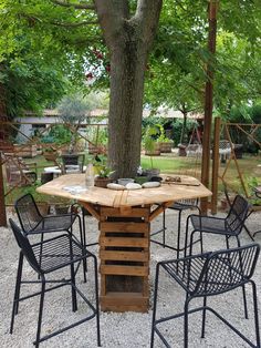 an outdoor table and chairs under a tree