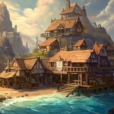 an image of a fantasy village by the ocean