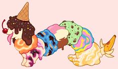 three ice cream cones with different toppings on them, one in the shape of a dog