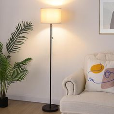 a living room with a couch, lamp and potted plant