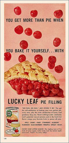 an advertisement for lucky leaf pies with cherry pie filling on the front and back