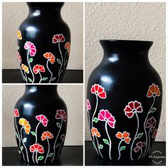 three different views of a black vase with flowers painted on it