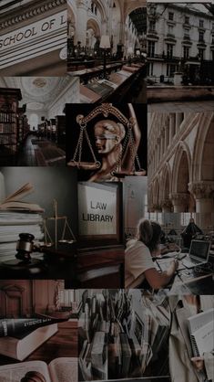 a collage of photos with books and law related items on them in black and white