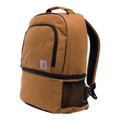 a brown backpack with black straps on the front and side pockets, sitting against a white background