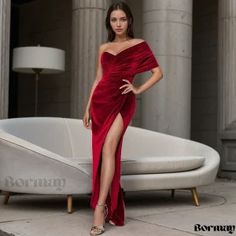 Bormay – Graceful Velvet One-Shoulder Short-Sleeved Elegant Evening Party Fashion Dress with High Side Slit – Bormay Vestidos Para Baby Shower, Bachelorette Dress, Blue Velvet Dress, Red Dresses Classy, Red Velvet Dress, Club Party Dresses, Red Party, Split Maxi Dress, Red Dresses