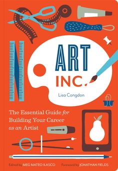 the art inc book cover with scissors and other arts supplies on an orange background,