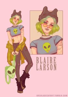 a drawing of a girl with green hair and an alien t - shirt, holding a handbag