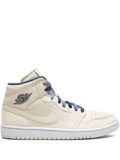 sand beige/navy blue leather signature Swoosh logo detail logo print to the side panelled design front lace-up fastening round toe flat rubber sole branded insole High Top Leather Sneakers, Jordan 1 Mid Sanddrift, High Top Womens Sneakers, Jordan Woman, High Top Nikes, Hightop Shoes, High Top Nike, High Top Jordans, Jordan Mid