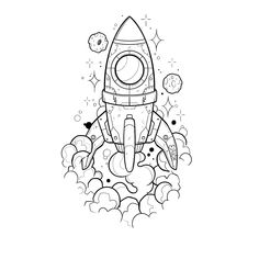 a black and white drawing of a rocket ship flying through the sky with stars around it